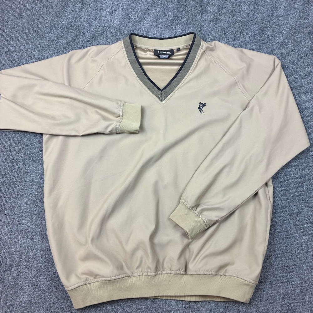 Vintage Ashworth Mens Size Medium V-Neck Golf Windshirt Tan Beige Pullover